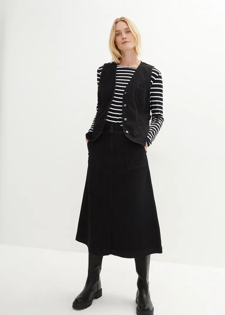 Bonprix Ausgestellter Jeansrock Mit Verstellbaren Bund - Schwarz - Damen