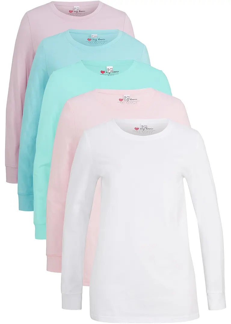 bonprix Basic Baumwoll-Longsleeve mit abgesetzten Bündchen am Ärmel im 5er Pack