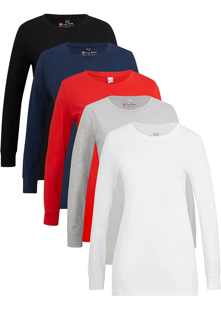 bonprix Basic Baumwoll-Longsleeve mit abgesetzten Bündchen am Ärmel im 5er Pack