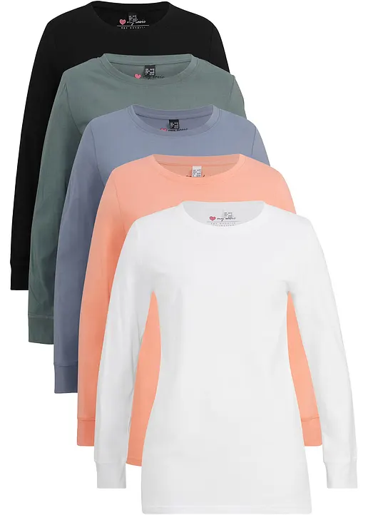 bonprix Basic Baumwoll-Longsleeve mit abgesetzten Bündchen am Ärmel im 5er Pack