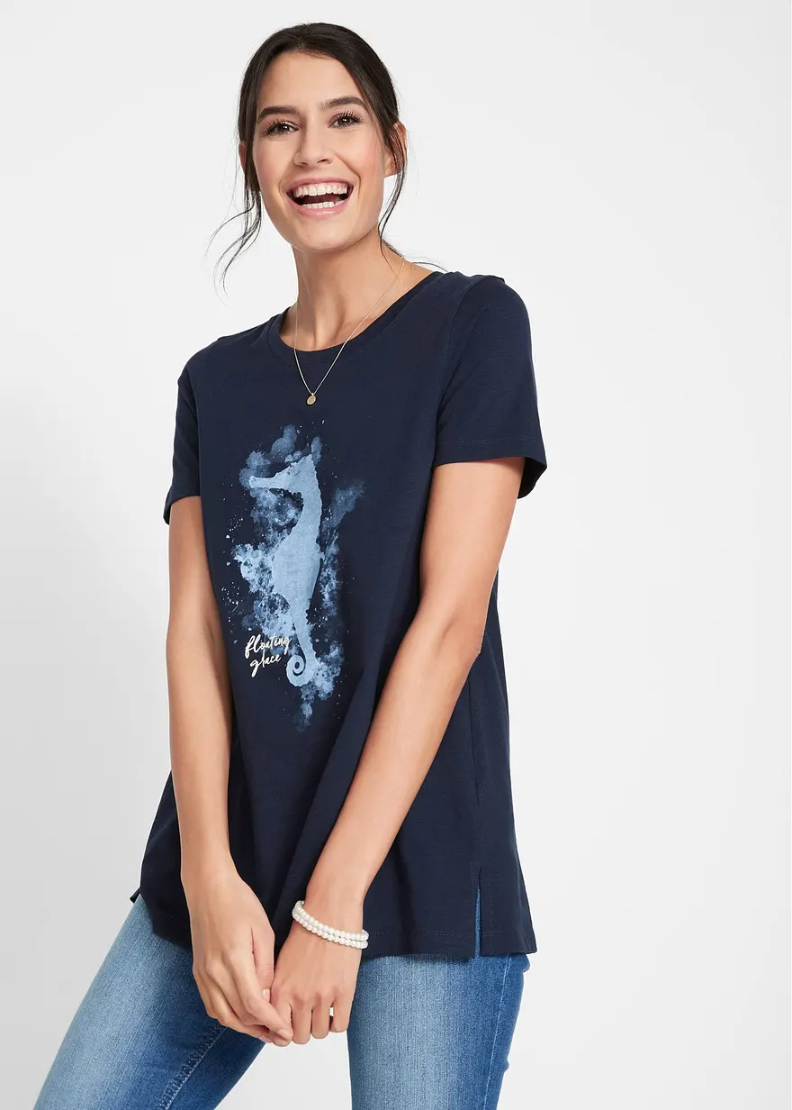 Bonprix Basic Baumwoll-Shirt Mit Aquarell-Seepferdchen-Print - Blau