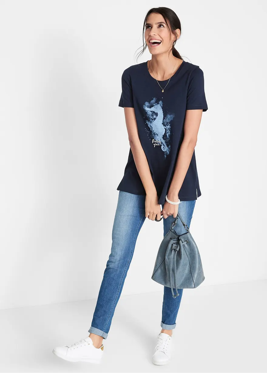 Bonprix Basic Baumwoll-Shirt Mit Aquarell-Seepferdchen-Print - Blau