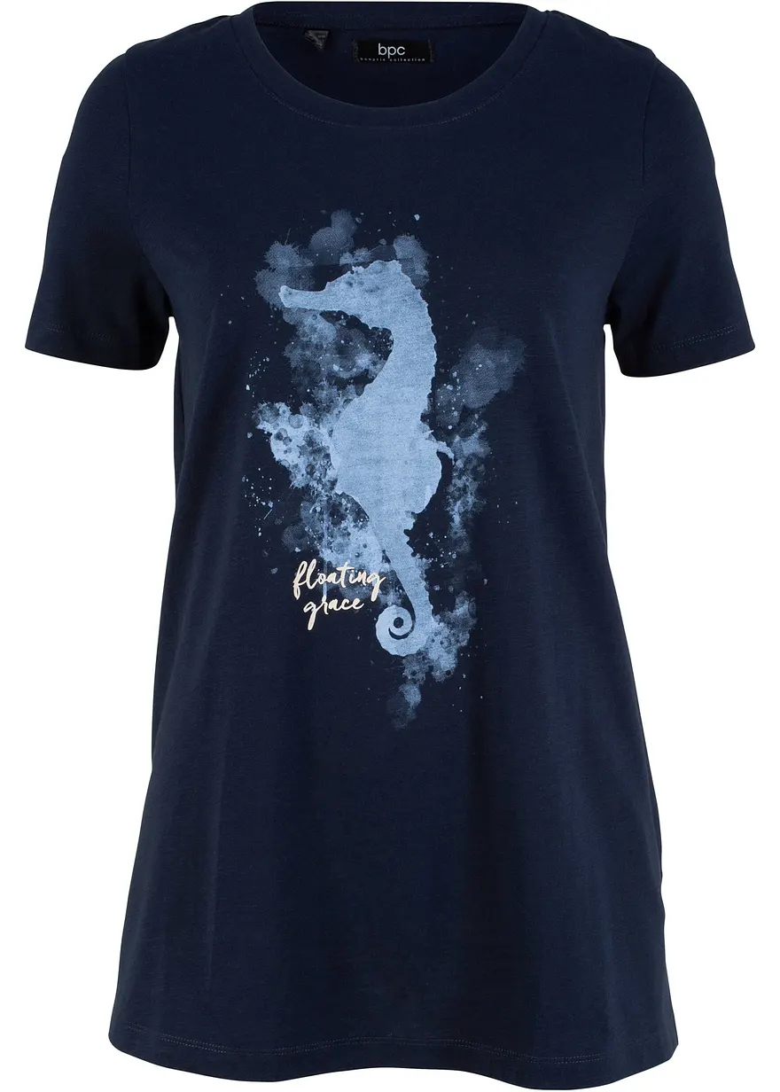 bonprix Basic Baumwoll-Shirt mit Aquarell-Seepferdchen-Print - blau