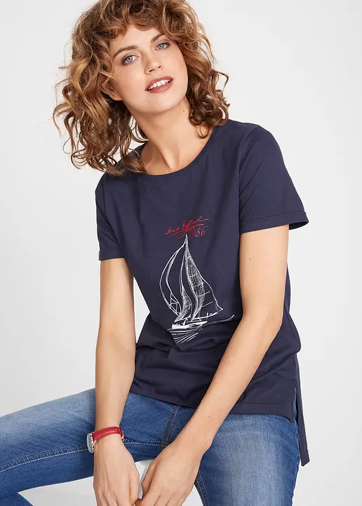 Bonprix Basic Baumwoll-Shirt Wirkt Durch Den Längeren Hinteren Saum Vorteilhaft Für Die Silhouette