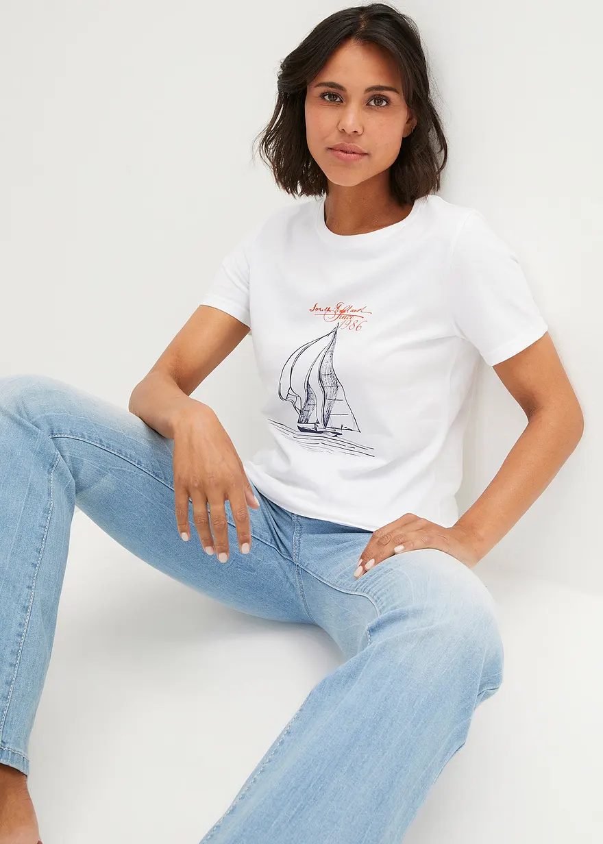 Bonprix Basic Baumwoll-Shirt Wirkt Durch Den Längeren Hinteren Saum Vorteilhaft Für Die Silhouette