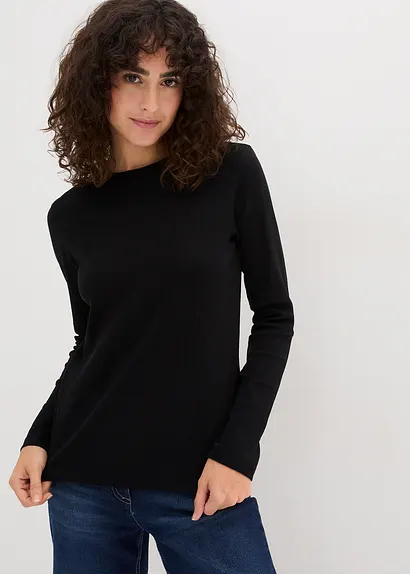 Bonprix Basic Langarmshirt Aus Baumwolle - Schwarz - Damen