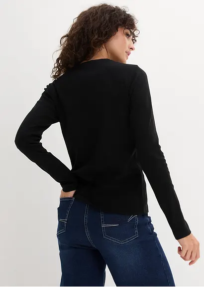 Bonprix Basic Langarmshirt Aus Baumwolle - Schwarz - Damen