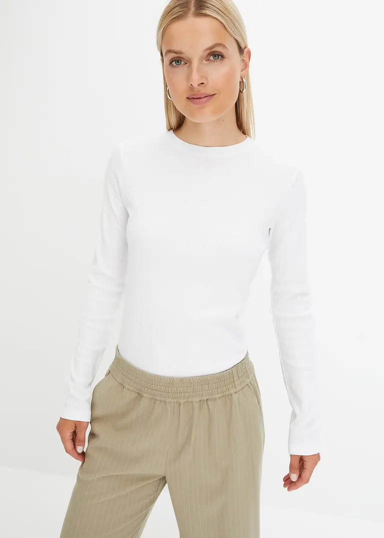 Bonprix Basic Langarmshirt Aus Baumwolle - Weiß - Damen