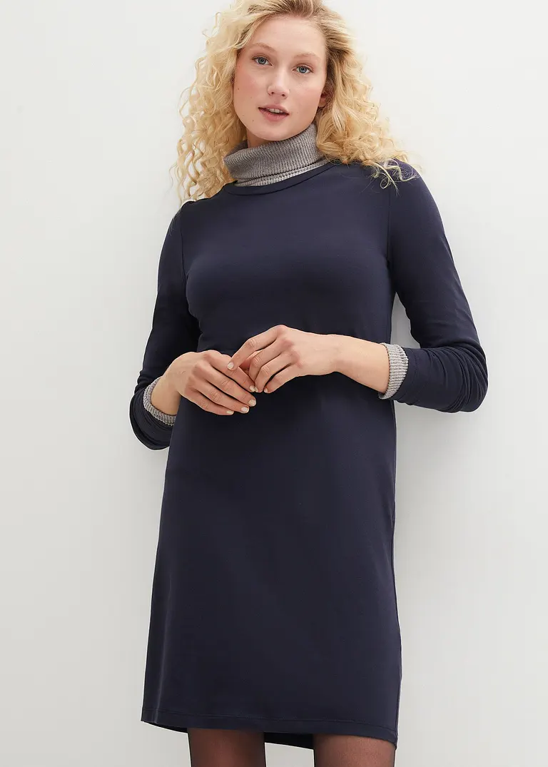Bonprix Basic Stretch-Kleid Mit Rundhals-Ausschnitt Langarm Doppelpack