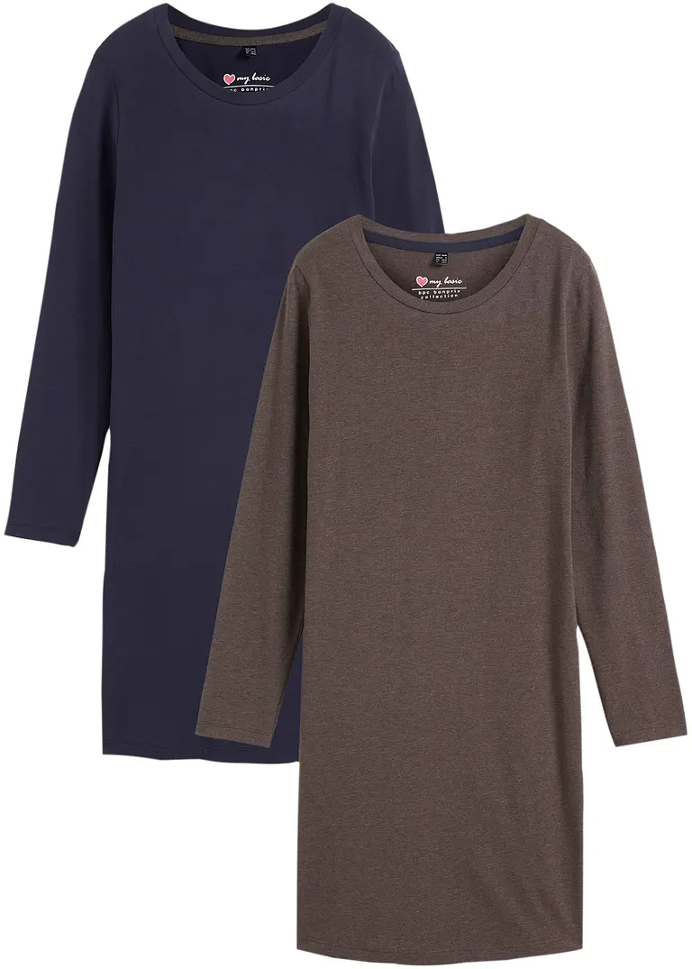 bonprix Basic Stretch-Kleid mit Rundhals-Ausschnitt langarm Doppelpack