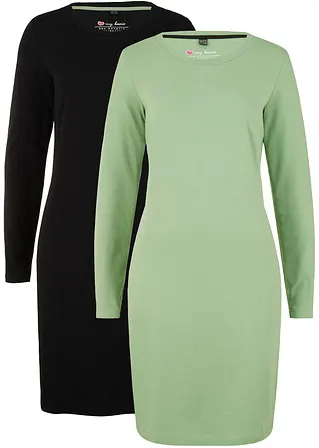 bonprix Basic Stretch-Kleid mit Rundhals-Ausschnitt langarm Doppelpack