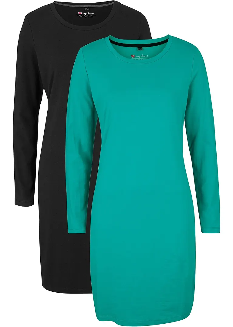 bonprix Basic Stretch-Kleid mit Rundhals-Ausschnitt langarm Doppelpack