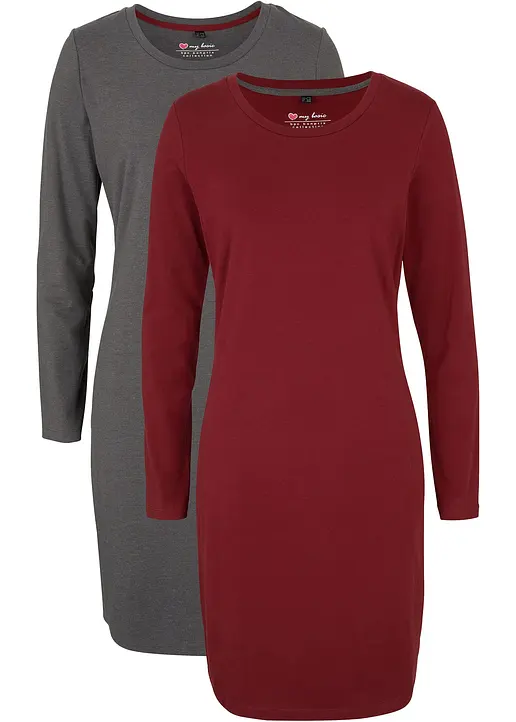 bonprix Basic Stretch-Kleid mit Rundhals-Ausschnitt langarm Doppelpack