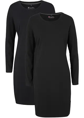 bonprix Basic Stretch-Kleid mit Rundhals-Ausschnitt langarm Doppelpack