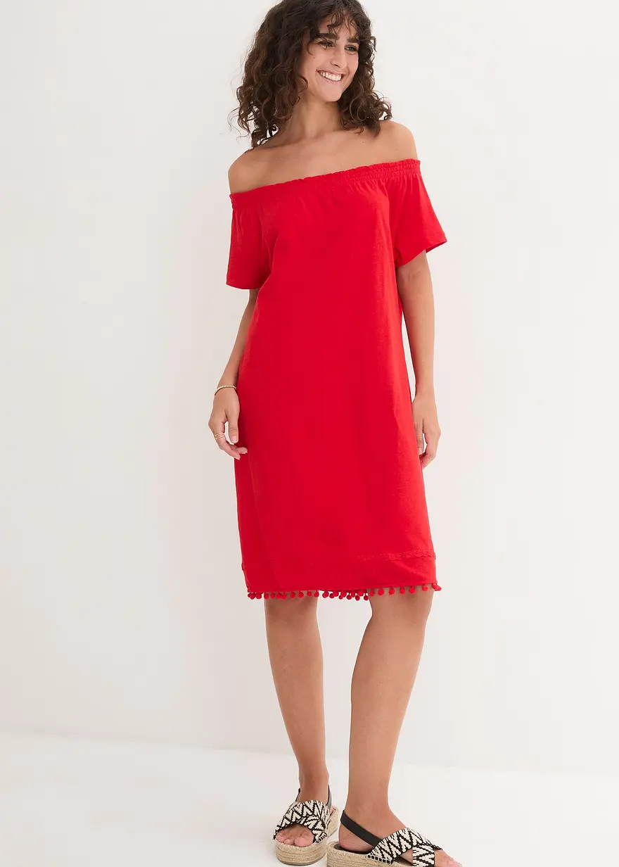 Bonprix Baummwollkleid Mit Dezentem Carmenausschnitt Und Dekorativem Saum