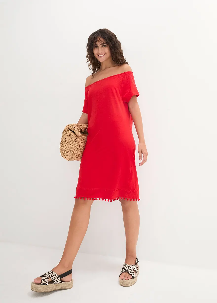 Bonprix Baummwollkleid Mit Dezentem Carmenausschnitt Und Dekorativem Saum