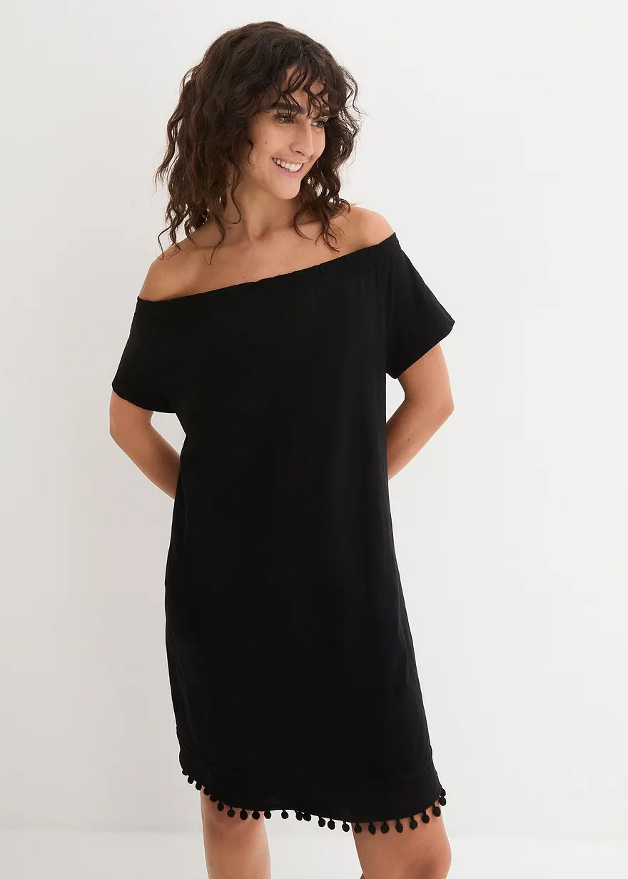 Bonprix Baummwollkleid Mit Dezentem Carmenausschnitt Und Dekorativem Saum