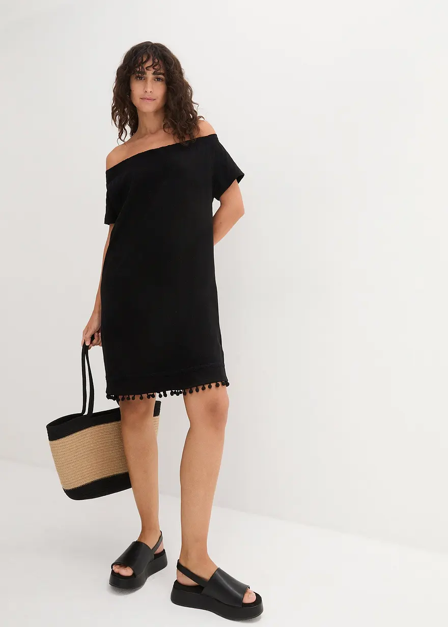 Bonprix Baummwollkleid Mit Dezentem Carmenausschnitt Und Dekorativem Saum
