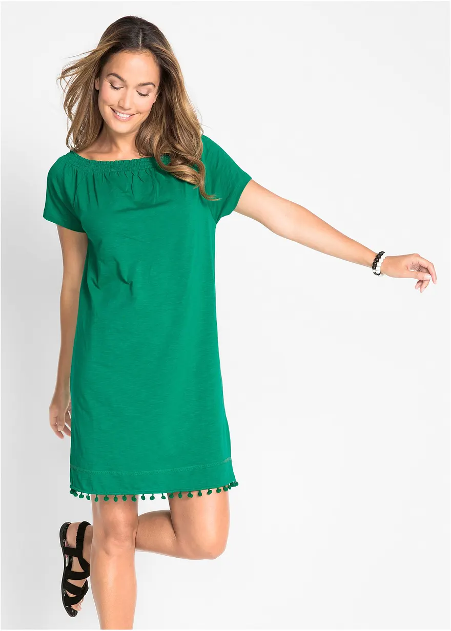 Bonprix Baummwollkleid Mit Dezentem Carmenausschnitt Und Dekorativem Saum