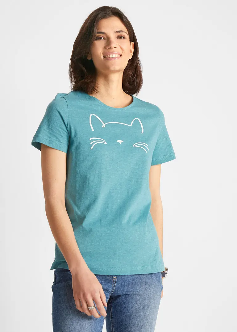 Bonprix Baumwoll-Shirt Mit Rundhals-Ausschnitt Kurzarm - Petrol - Damen