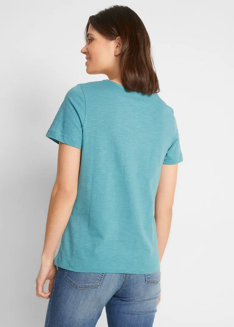 Bonprix Baumwoll-Shirt Mit Rundhals-Ausschnitt Kurzarm - Petrol - Damen