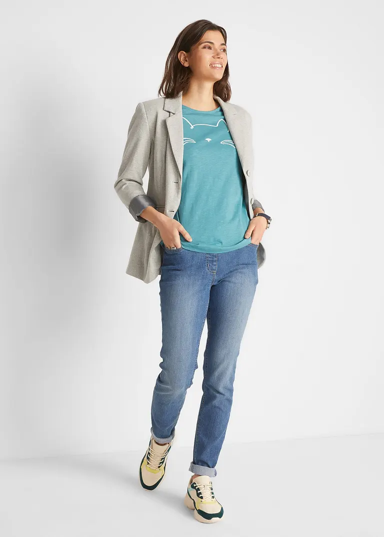 Bonprix Baumwoll-Shirt Mit Rundhals-Ausschnitt Kurzarm - Petrol - Damen