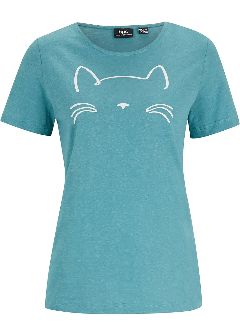 bonprix Baumwoll-Shirt mit Rundhals-Ausschnitt kurzarm - petrol - Damen