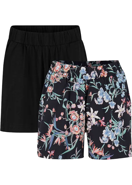 bonprix Baumwoll-Shorts aus angenehmer Jersey-Ware mit Rundumbequembund und Seitenschlitzen im 2er-Pack