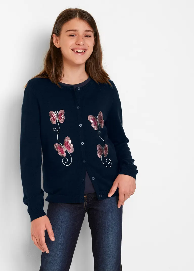 Bonprix Baumwoll-Strickjacke Mit Pailletten - Blau - Kinder