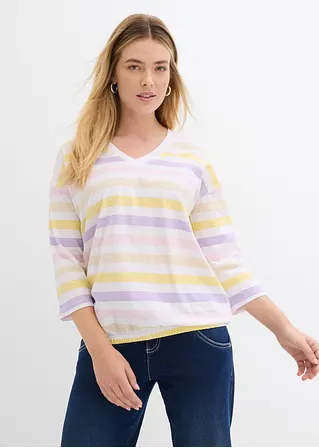Bonprix Baumwollslub-Shirt Mit 3/4 Arm Und V-Ausschnitt Im Streifen Look