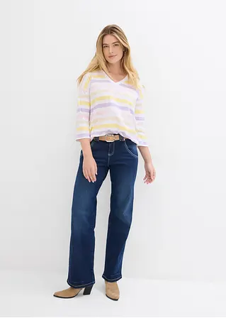 Bonprix Baumwollslub-Shirt Mit 3/4 Arm Und V-Ausschnitt Im Streifen Look