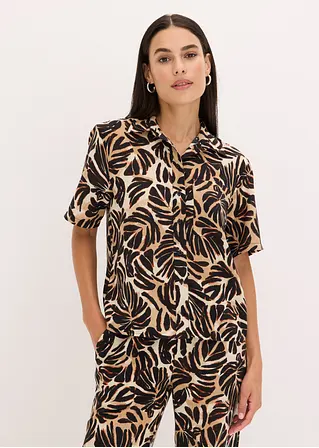 Bonprix Bedruckte Bluse In Leinen-Optik Mit Knopfleiste Vorne - Braun