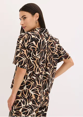 Bonprix Bedruckte Bluse In Leinen-Optik Mit Knopfleiste Vorne - Braun