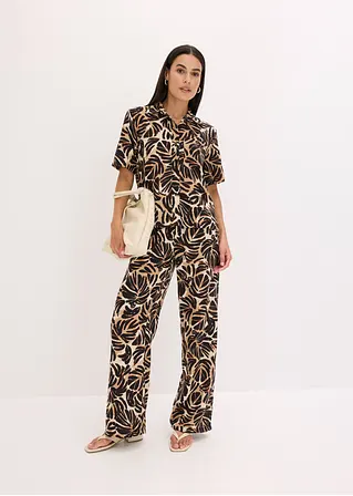 Bonprix Bedruckte Bluse In Leinen-Optik Mit Knopfleiste Vorne - Braun