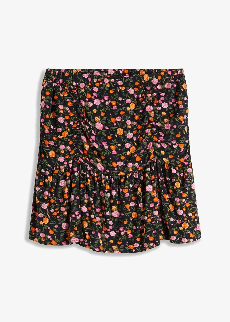 bonprix Bedruckter Minirock mit Volant und Raffungen - schwarz