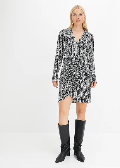 Bonprix Bedrucktes Kleid In Wickeloptik - Schwarz - Damen
