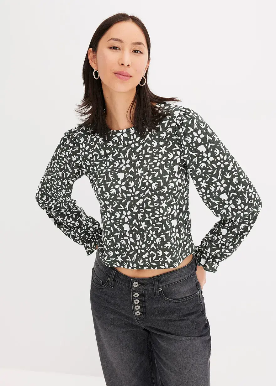 Bonprix Bedrucktes Langarmshirt Mit Puffärmeln - Grün - Damen