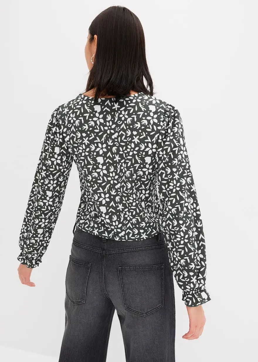 Bonprix Bedrucktes Langarmshirt Mit Puffärmeln - Grün - Damen