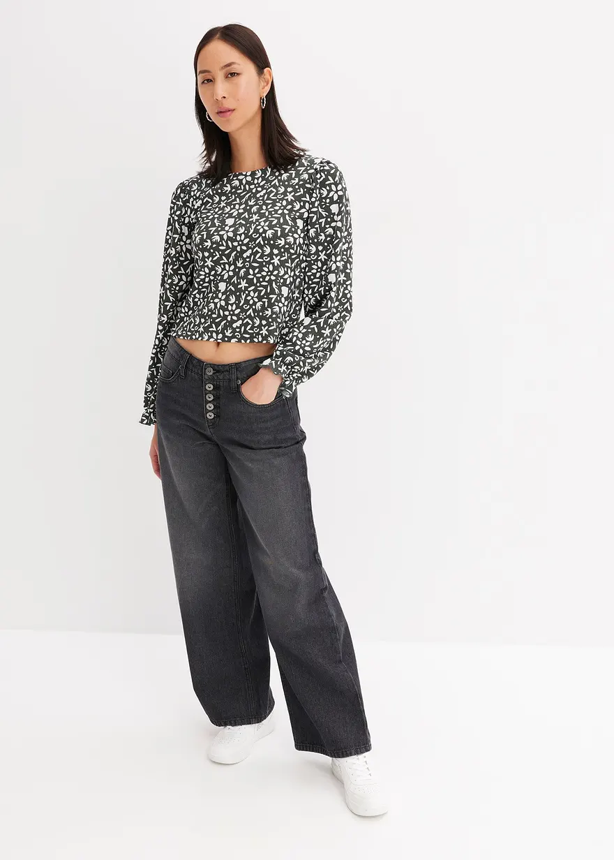 Bonprix Bedrucktes Langarmshirt Mit Puffärmeln - Grün - Damen
