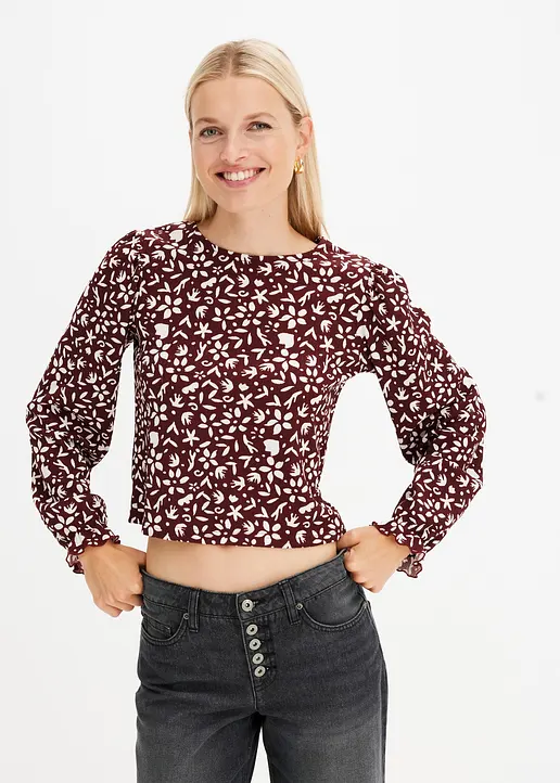 Bonprix Bedrucktes Langarmshirt Mit Puffärmeln - Rot - Damen