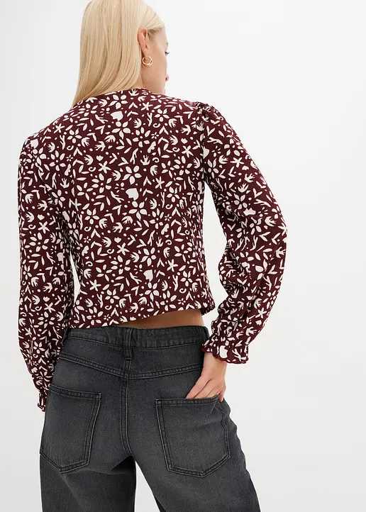 Bonprix Bedrucktes Langarmshirt Mit Puffärmeln - Rot - Damen