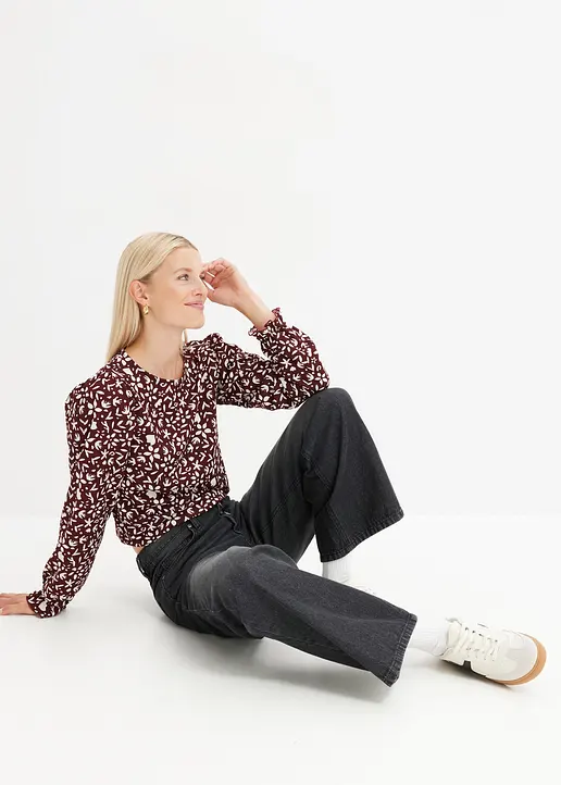 Bonprix Bedrucktes Langarmshirt Mit Puffärmeln - Rot - Damen