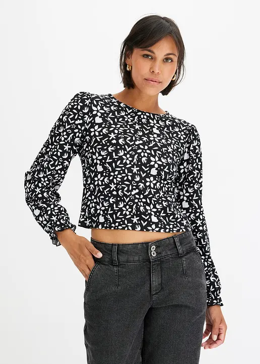 Bonprix Bedrucktes Langarmshirt Mit Puffärmeln - Schwarz