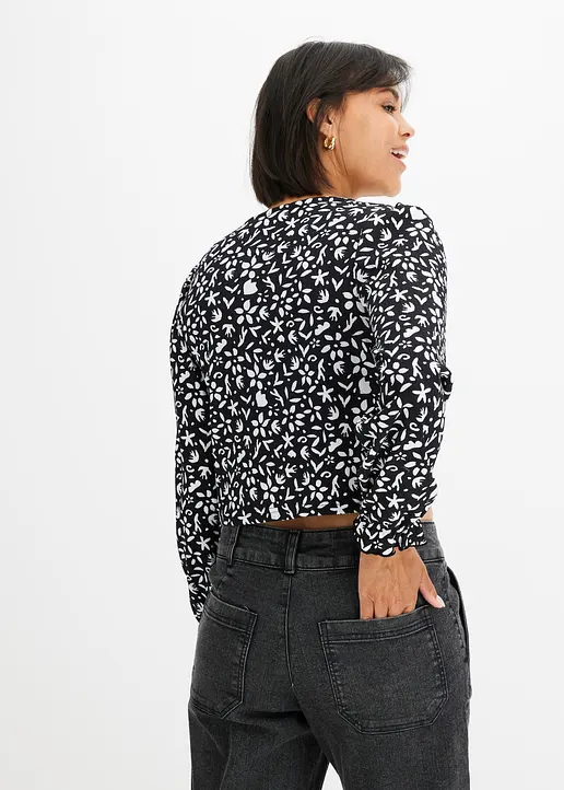 Bonprix Bedrucktes Langarmshirt Mit Puffärmeln - Schwarz