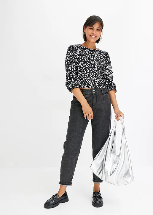 Bonprix Bedrucktes Langarmshirt Mit Puffärmeln - Schwarz