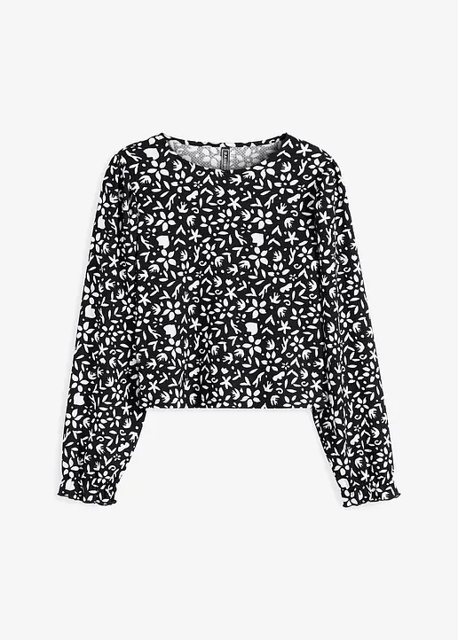 bonprix Bedrucktes Langarmshirt mit Puffärmeln - schwarz
