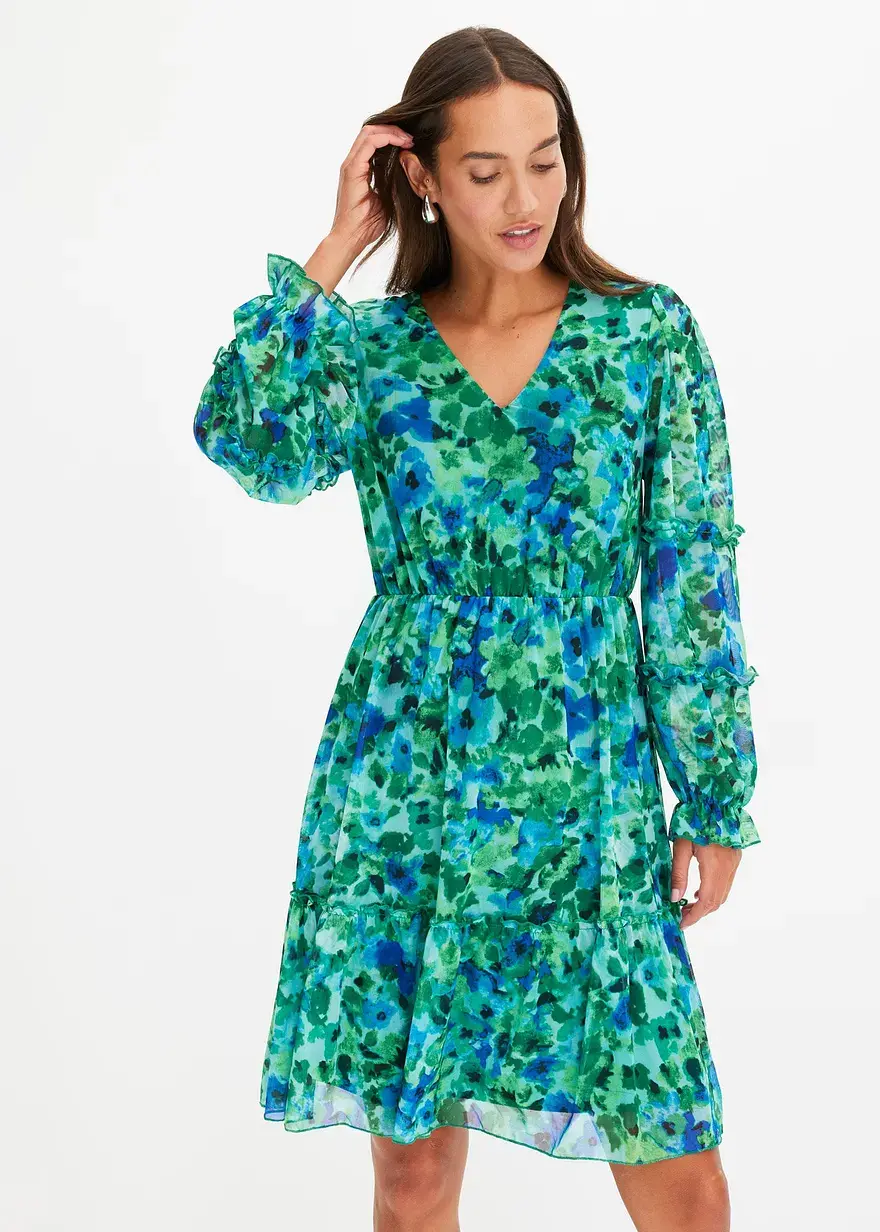Bonprix Bedrucktes Mesh-Kleid Mit Kleinen Volants Am Ärmel - Grün - Damen