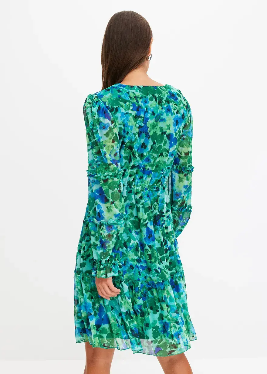 Bonprix Bedrucktes Mesh-Kleid Mit Kleinen Volants Am Ärmel - Grün - Damen