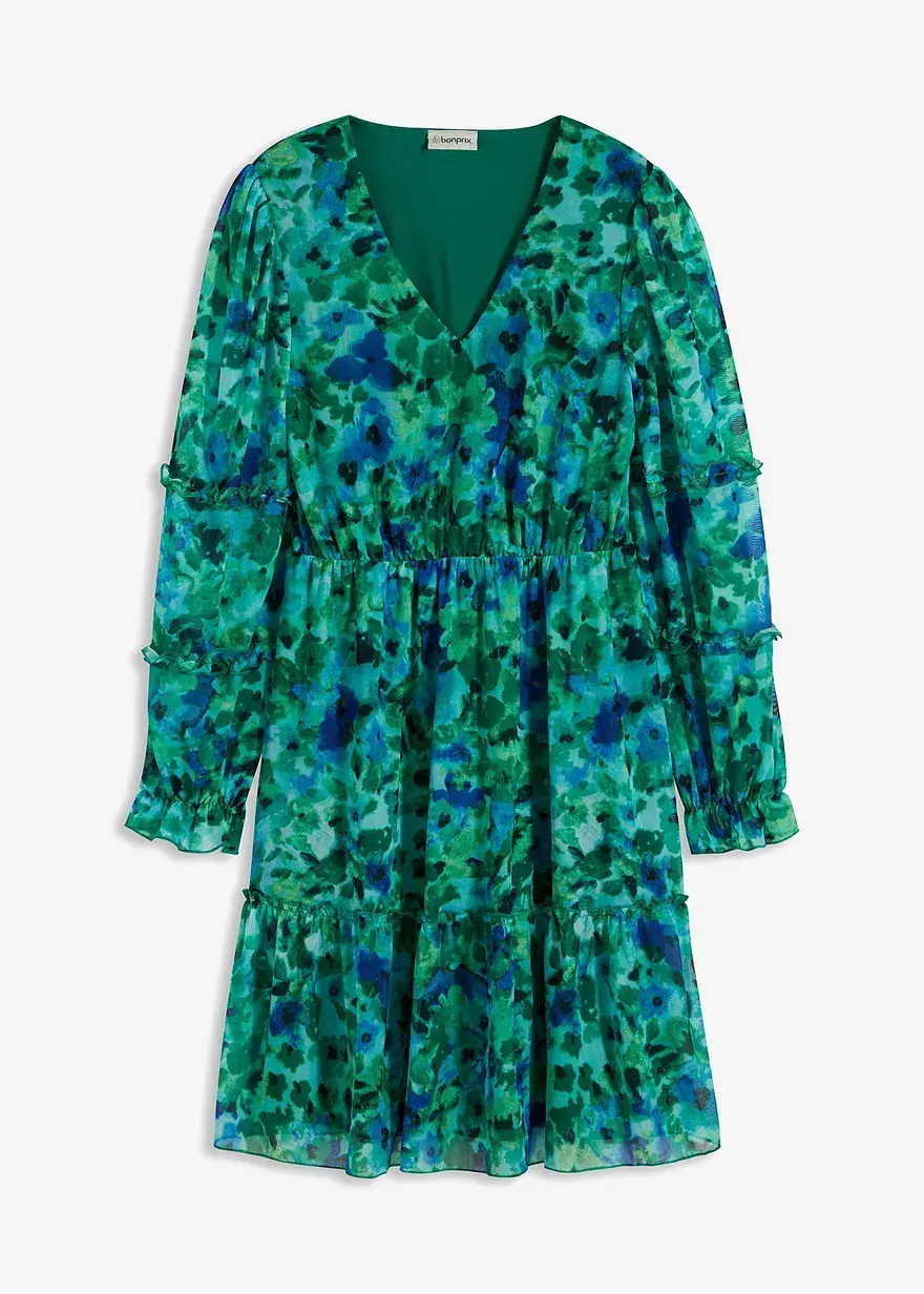 bonprix bedrucktes Mesh-Kleid mit kleinen Volants am Ärmel - grün - Damen
