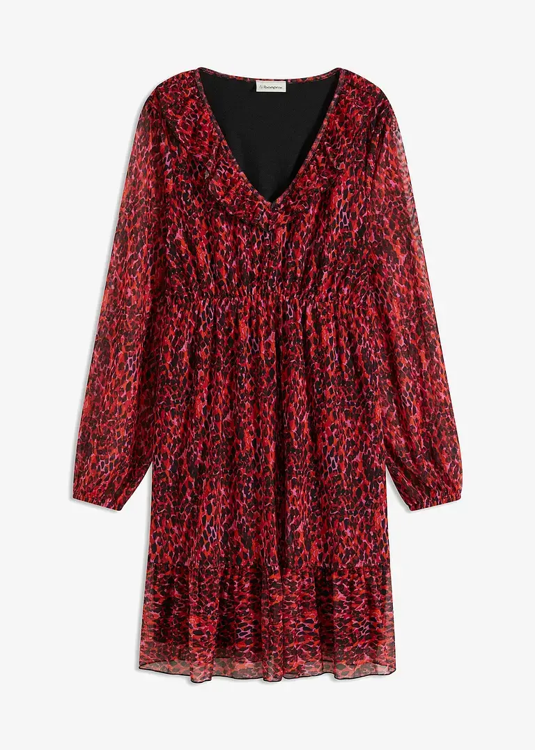 bonprix bedrucktes Mesh-Kleid mit Volants am Saum und am Ausschnitt - rot